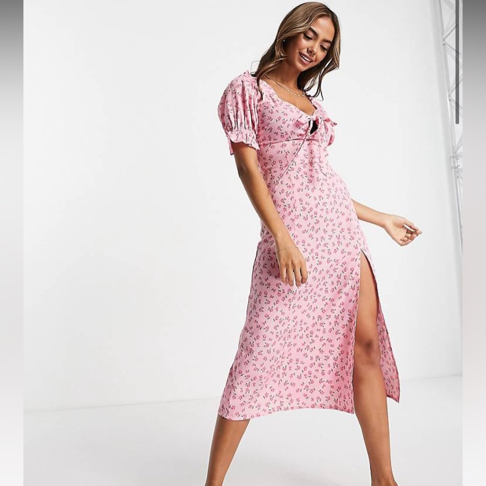 Influence puff sleeve midi tea dress in pink floral print size US6